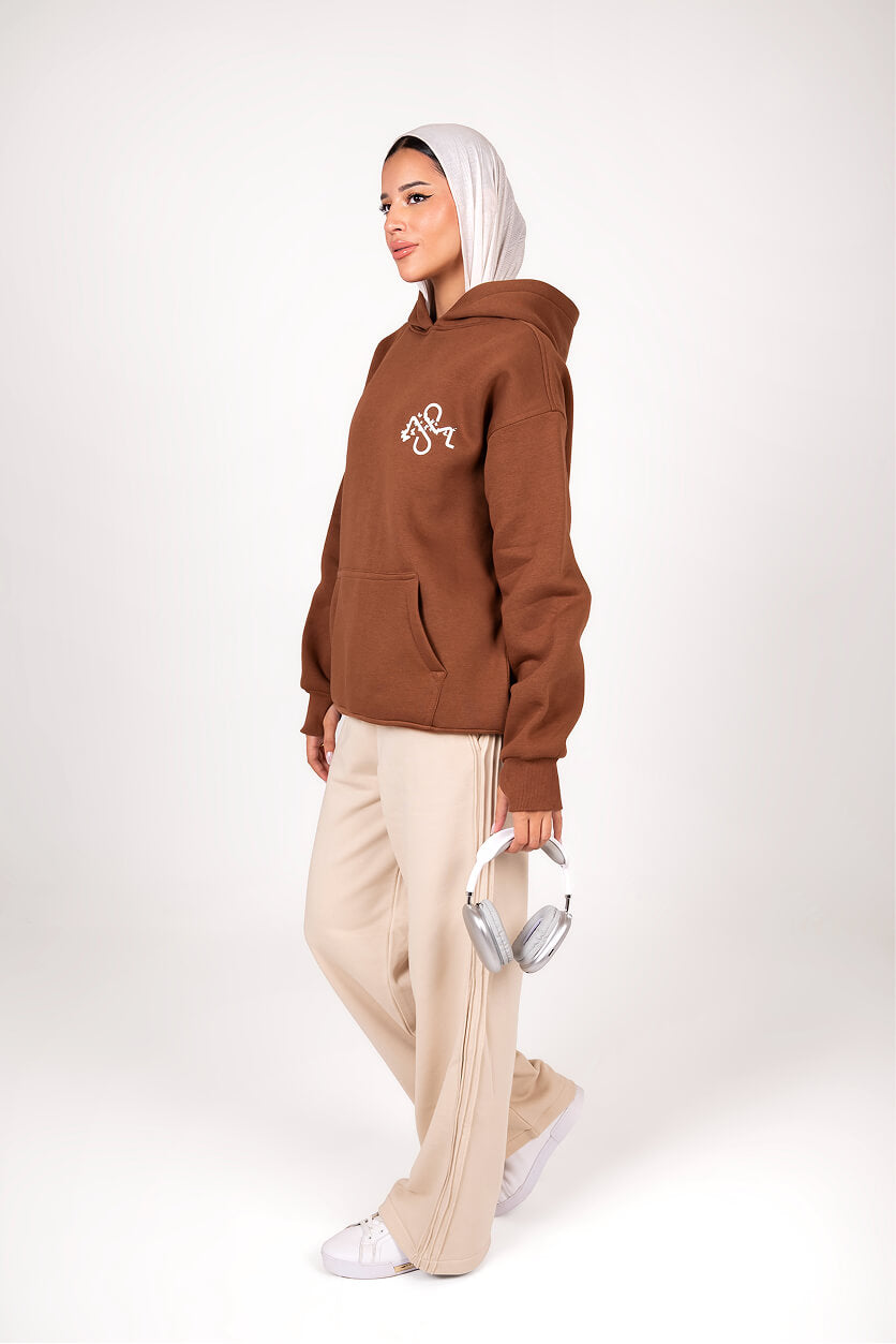 Brown Padded Hoodie Thumbhole Sleeve